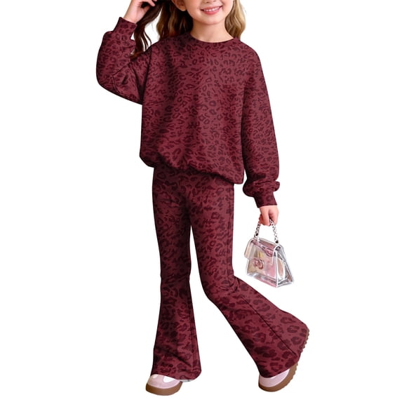 Grblisyd Girls 2 Piece Outfit Kids Fall Winter Leopard Print Sweatshirt Tops and Trendy Bell Bottom Pants Set Back to School Clothes