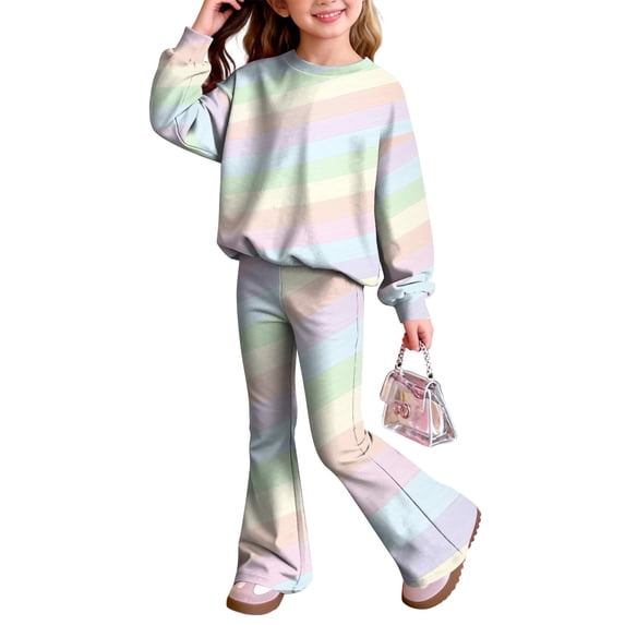 Grblisyd Girls 2 Piece Outfits Kids Crew Neck Long Sleeve Tops and Elastic Waist Flared Pants Cute Cartoon Print Sweatsuit Clothing Sets