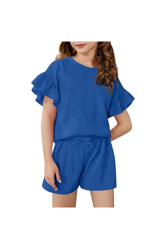 Girls 2 Piece Outfits Ruffle Short Sleeve Casual T Shirts and Elastic Waist Shorts Solid Set Size 2-13 Years Blue 160