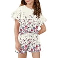 thumbnail image 1 of Grblisyd Girls 2 Piece Outfits Summer Cute Floral Print Ruffle Short Sleeve T-shirt Drawstring Shorts Sets, 1 of 4