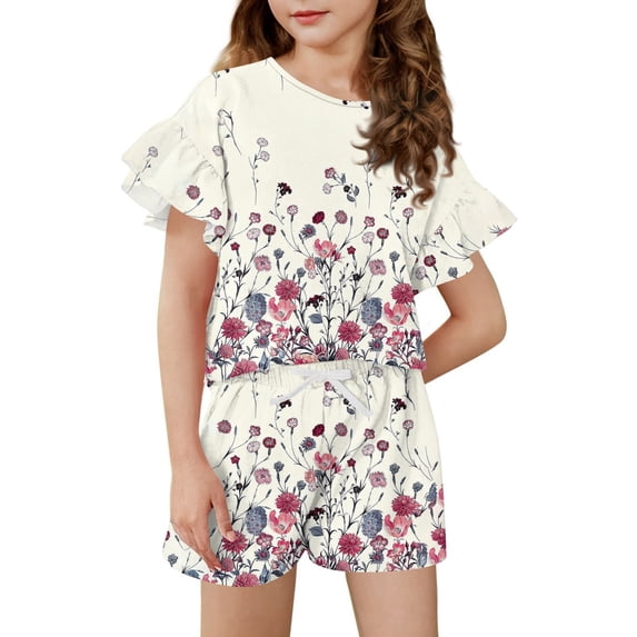 Grblisyd Girls 2 Piece Outfits Summer Cute Floral Print Ruffle Short Sleeve T-shirt Drawstring Shorts Sets