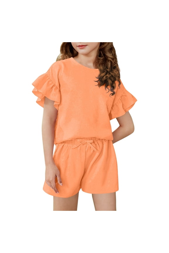 Girls 2 Piece Short Set Cute Ruffle Short Sleeve T Shirts and Drawstring Elastic Waist Biker Shorts Solid Set Size 2-13 Years Orange 160