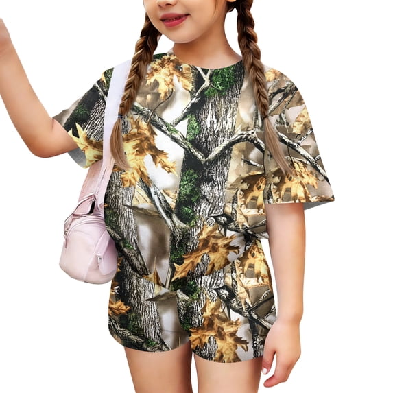 Grblisyd Girls 2 Piece Summer Outfit Maple Leaf Print Short Sleeve Crew Neck Camo Tops and Elastic Waist Shorts Sweatsuits Size 8