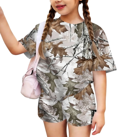 Grblisyd Girls 2 Piece Summer Outfit Maple Leaf Print Short Sleeve Crew Neck Camo Tops and Elastic Waist Shorts Sweatsuits Size 8