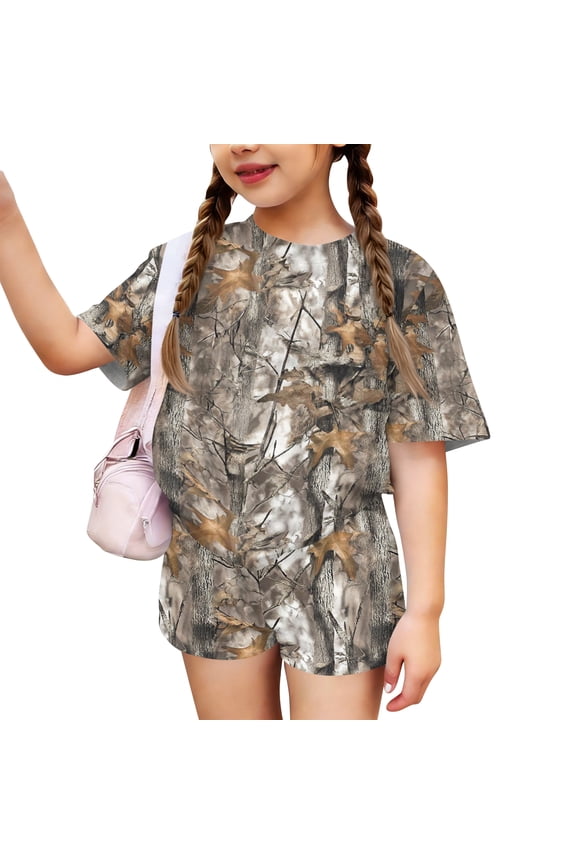 Girls 2 Piece Summer Outfit Maple Leaf Print Short Sleeve Crew Neck Camo Tops and Elastic Waist Shorts Sweatsuits Size 8