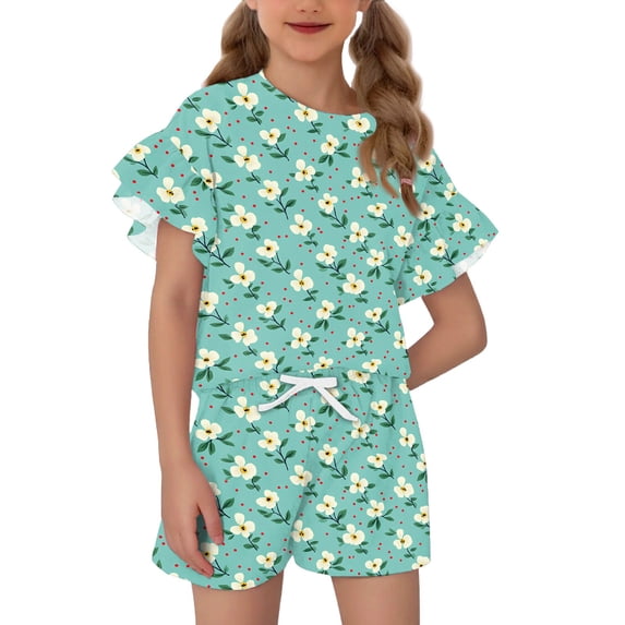 Grblisyd Girls 2 Piece Summer Outfits 5-14y Kids Ruffle Short Sleeve Crew Neck T-shirt Drawstring Elastic Waist Shorts Sets