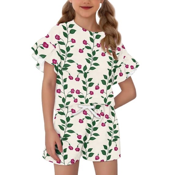Grblisyd Girls 2 Piece Summer Outfits 5-14y Kids Ruffle Short Sleeve Crew Neck T-shirt Drawstring Elastic Waist Shorts Sets