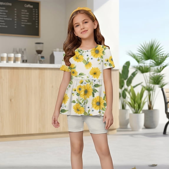 Grblisyd Girls 2 piece set Short Sleeve Flowing Ruffle Hem Top And Biker Sports Shorts Set 1-13 Years