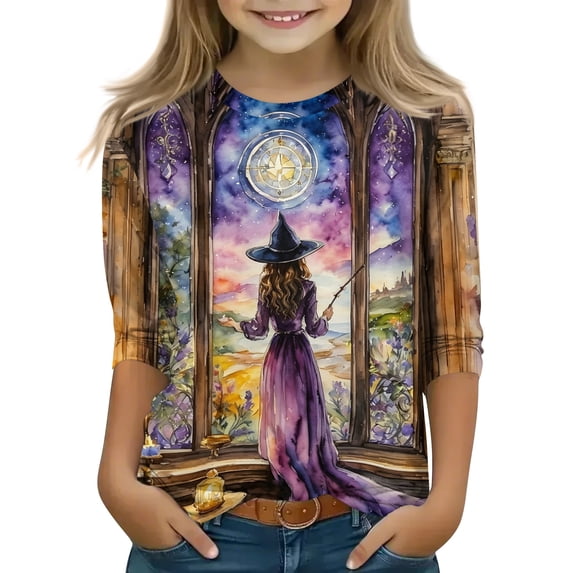 Grblisyd Girls 3/4 Sleeve Shirts Kids Fahion Crewneck T-Shirts Summer Fall Tops Halloween Graphic Tees 10-12 Years