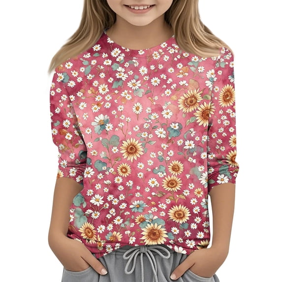 Grblisyd Girls 3/4 Sleeve T Shirts Cute Daisy Printed Crewneck Tops Loose Casual Tee Shirt 10-12 Years