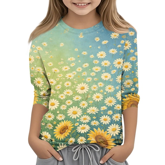Grblisyd Girls 3/4 Sleeve T Shirts Kids Cute Floral Print Tops Casual Loose Crewneck Graphic Tees 2-13Y