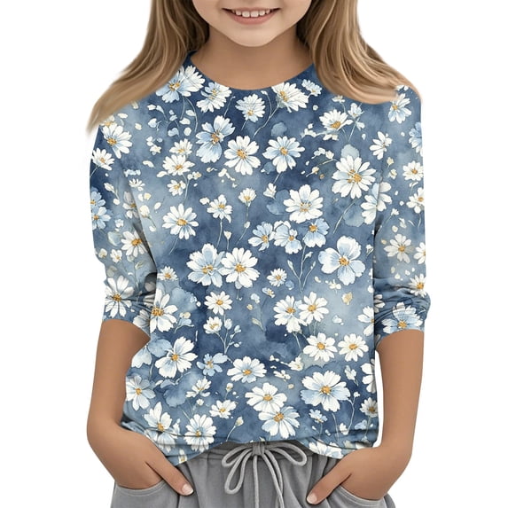 Grblisyd Girls 3/4 Sleeve T Shirts Kids Cute Floral Print Tops Casual Loose Crewneck Graphic Tees 2-13Y