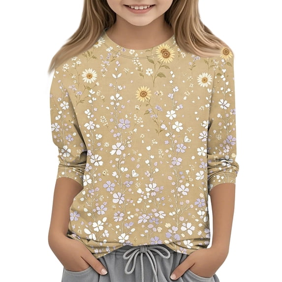 Grblisyd Girls 3/4 Sleeve T Shirts Kids Cute Sunflower Print Summer Crewneck Tops Graphic Tees 7-8 Years