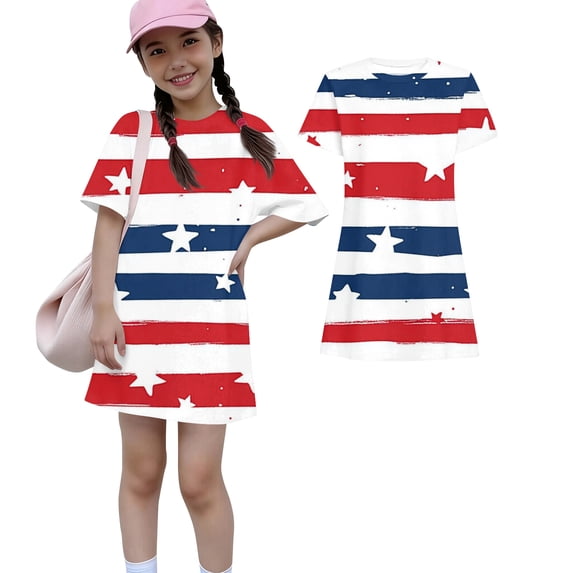 Grblisyd Girls 4th of July Dress Kids USA Star Striped Dresses American Flag A-line Dress Independence Day Crew Neck Short Sleeve Patriotic Outfit 7-8y