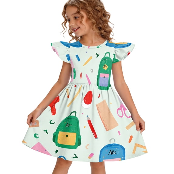 Grblisyd Girls Back to School Print Dresses Pencil Flutter Sleeve A Line Dresses First Day of School Outfits 3-8Y