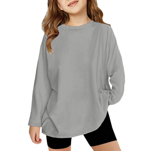 Grblisyd Girls Black Long Sleeve Shirt Trendy Basic Shirts Size 10-12 Fall Cute Shirt Kids Crew Neck Tee Shirt Girls Tops Teen Girls Clothes ,Gray 6-7Y