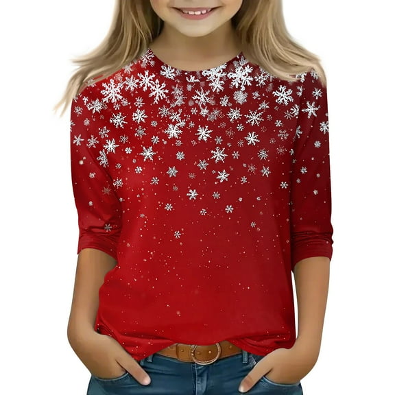 Grblisyd Girls Blouse Kids 10-12 Years Graphic Shirts Christmas Shirts 3/4 Sleeve Xmas Candy Gift Print Casual T Shirts Cute Kids Clothes Wine 140