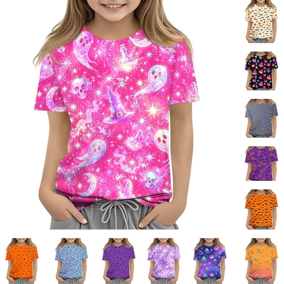 Grblisyd Girls Boys Halloween Shirt Short Sleeve Tee Shirts Kids Summer Crewneck Tops Soft Lightweight Pumpkin Bat Graphic Print Tshirt