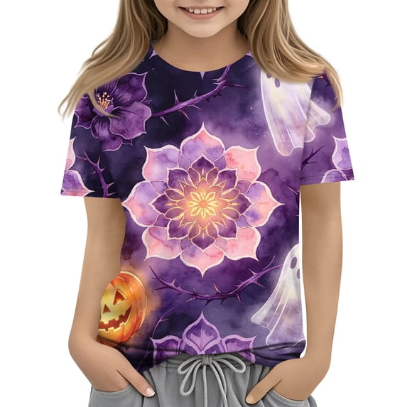 Grblisyd Girls Boys Halloween Shirt Short Sleeve Tee Shirts Kids Summer Crewneck Tops Soft Lightweight Pumpkin Bat Graphic Print Tshirt