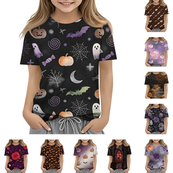 Grblisyd Girls Boys Short Sleeve T Shirt Kids Cute Pumpkin Print Tops Casaul Summer Crewneck Tees Size 10-12 Years