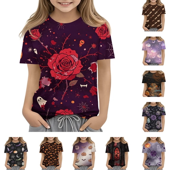 Grblisyd Girls Boys Short Sleeve T Shirt Kids Cute Pumpkin Print Tops Casaul Summer Crewneck Tees Size 10-12 Years