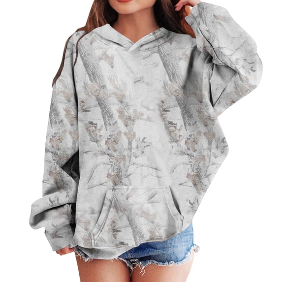Grblisyd Girls Camo Hoodies Size 10-12 Casual Long Sleeve Oversized Trendy Maple Leaf Print Hooded Sweatshirts Essentials Winter Sweaters Light Gray 100