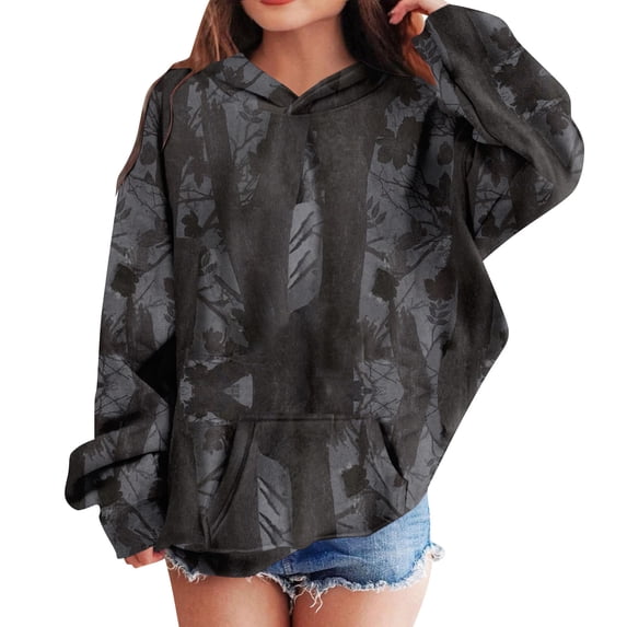 Grblisyd Girls Camo Hoodies Size 10-12 Casual Long Sleeve Oversized Trendy Maple Leaf Print Sweatshirt Tops Fashion 2025 Fall Sweaters Black 110