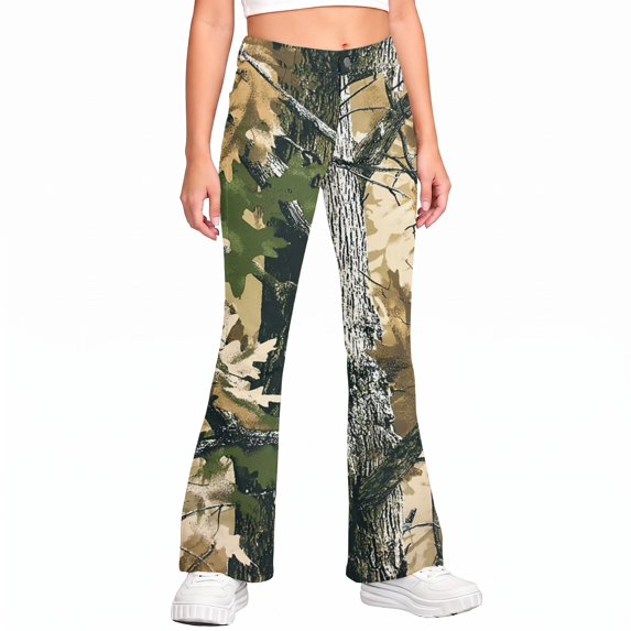 Grblisyd Girls Camo Pants Flare Leg Kids Camo Maple Leaf Print Pants School Uniform Slacks Preppy Clothes With Button and Pockets