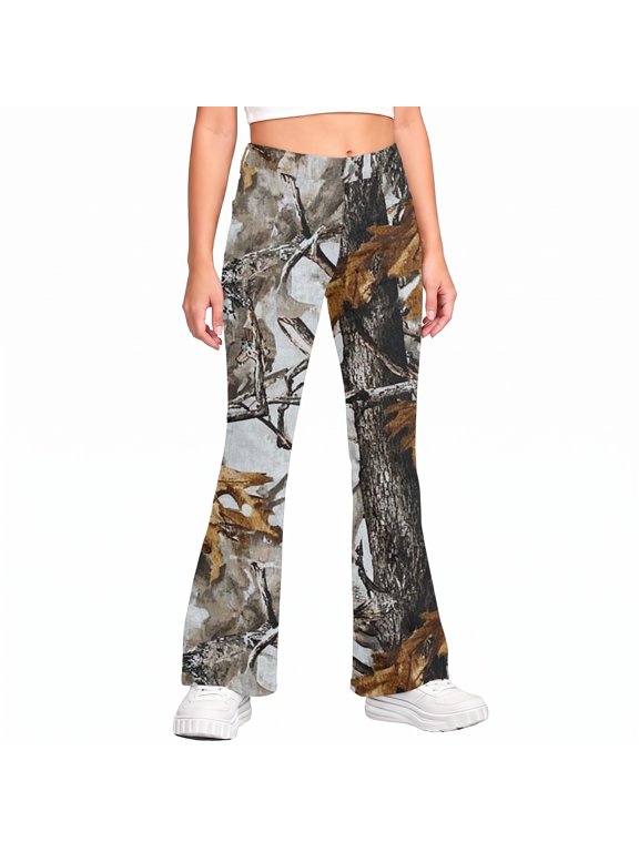 Girls Camo Pants Flare Leg Kids Camo Maple Leaf Print Pants School Uniform Slacks Preppy Clothes With Button and Pockets