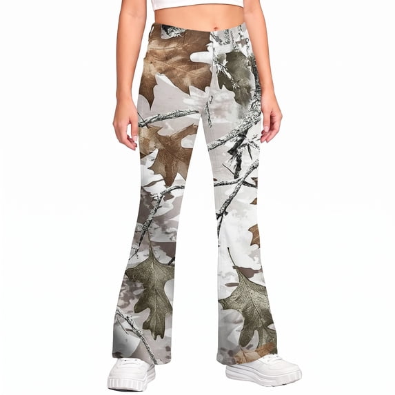 Grblisyd Girls Camo Pants Flare Leg Kids Camo Maple Leaf Print Pants School Uniform Slacks Preppy Clothes With Button and Pockets