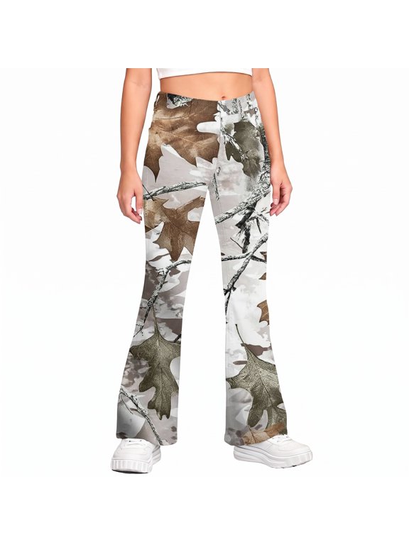 Girls Camo Pants Flare Leg Kids Camo Maple Leaf Print Pants School Uniform Slacks Preppy Clothes With Button and Pockets