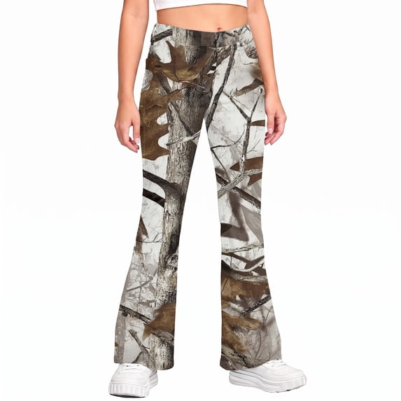 Grblisyd Girls Camo Pants Flare Leg Kids Camo Maple Leaf Print Pants School Uniform Slacks Preppy Clothes With Button and Pockets