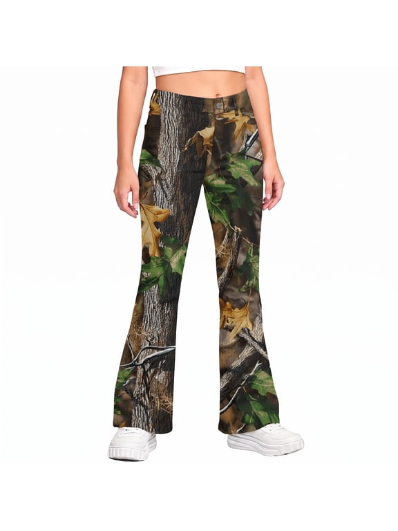 Girls Camo Pants Flare Leg Kids Camo Maple Leaf Print Pants School Uniform Slacks Preppy Clothes With Button and Pockets