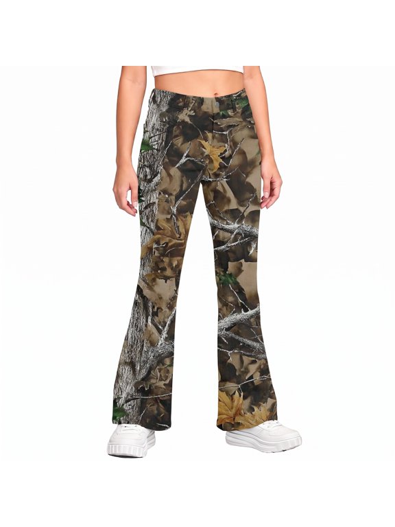 Girls Camo Pants Flare Leg Kids Camo Maple Leaf Print Pants School Uniform Slacks Preppy Clothes With Button and Pockets