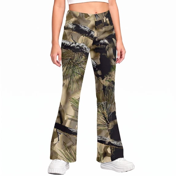 Grblisyd Girls Camo Pants Flare Leg Kids Camo Maple Leaf Print Pants School Uniform Slacks Preppy Clothes With Button and Pockets
