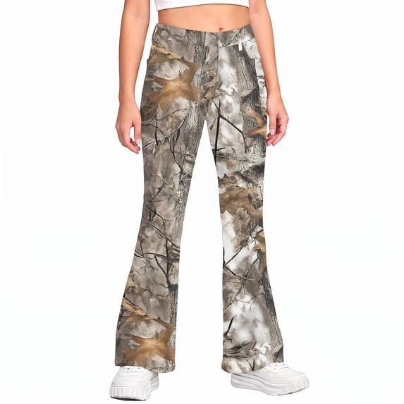 Grblisyd Girls Camo Pants Flare Leg Kids Camo Maple Leaf Print Pants School Uniform Slacks Preppy Clothes With Button and Pockets