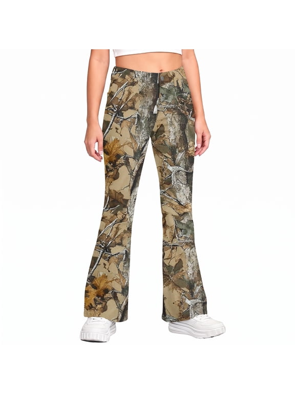 Girls Camo Pants Flare Leg Kids Camo Maple Leaf Print Pants School Uniform Slacks Preppy Clothes With Button and Pockets
