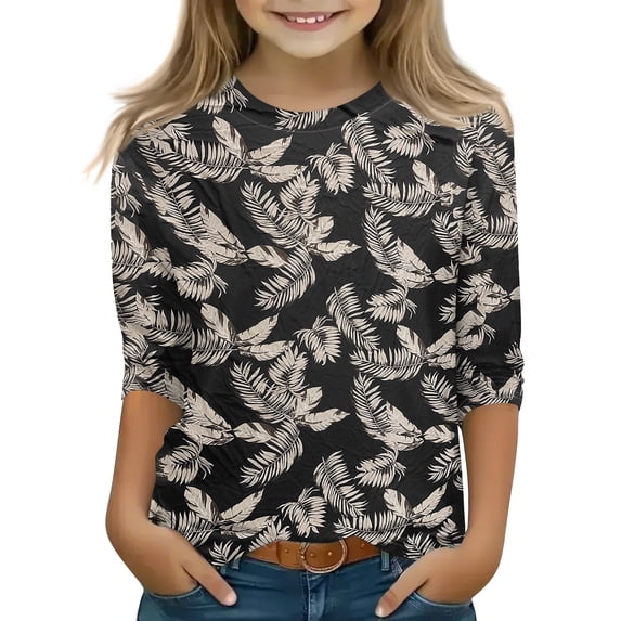 Grblisyd Girls Casual 3/4 Sleeve T Shirts Kids Floral Print Crewneck Tops Fashion Tees