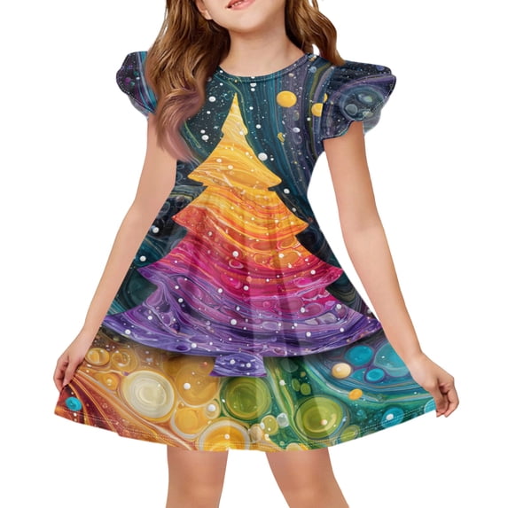 Grblisyd Girls Christmas Dresses School Outfits Kids A-Line Midi Casual Sundress Cute Cartoon Printed Flutter Sleeve Dress For Party