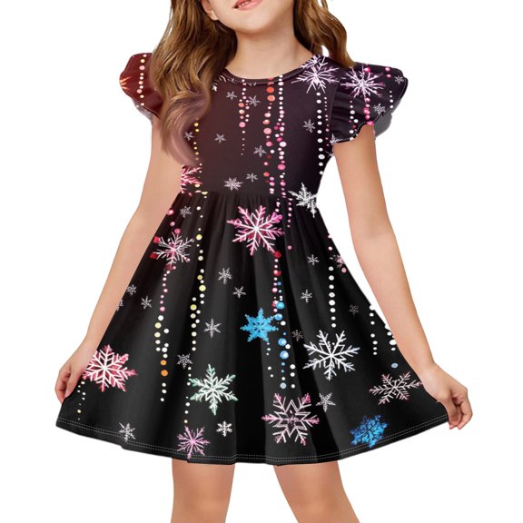 Grblisyd Girls Christmas Dresses School Outfits Kids A-Line Midi Casual Sundress Cute Cartoon Printed Flutter Sleeve Dress For Party