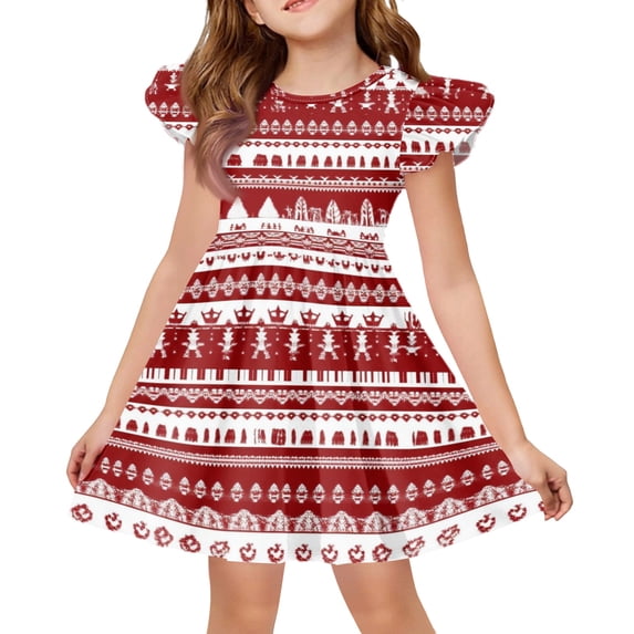 Grblisyd Girls Christmas Dresses School Outfits Kids A-Line Midi Casual Sundress Cute Cartoon Printed Flutter Sleeve Dress For Party