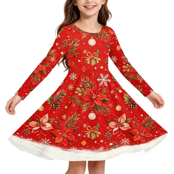 Grblisyd Girls Christmas Long Sleeve Dress Crew Neck Xmas Printed A-Line Dress Twirl Swing Party Dresses