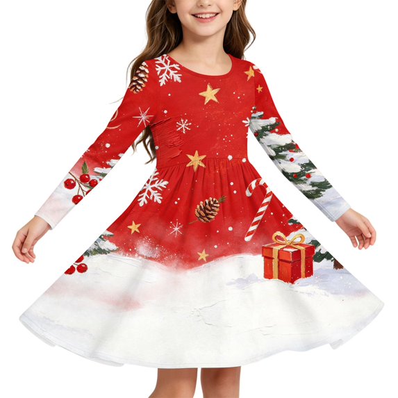 Grblisyd Girls Christmas Long Sleeve Dress Crew Neck Xmas Printed A-Line Dress Twirl Swing Party Dresses