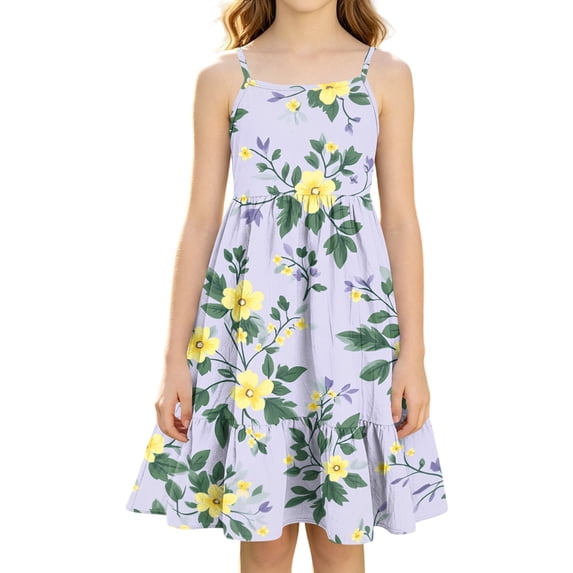Grblisyd Girls Dress Casual Square Neck Sleeveless A‑Line Dresses Cute Floral Print Sundress 4-13 Years