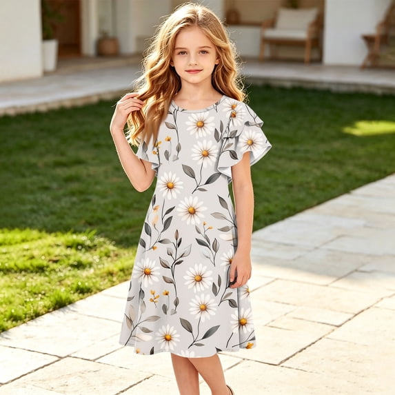 Grblisyd Girls Dress Cute Floral Print Ruffle Short Sleeve Crew Neck A Line Dresses Kids Summer Casual Soft Sundress
