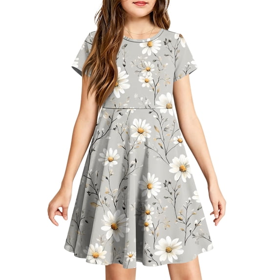 Grblisyd Girls Dress Cute Floral Print Short Sleeve Crew Neck A Line Dresses Kids Summer Casual Soft Sundress