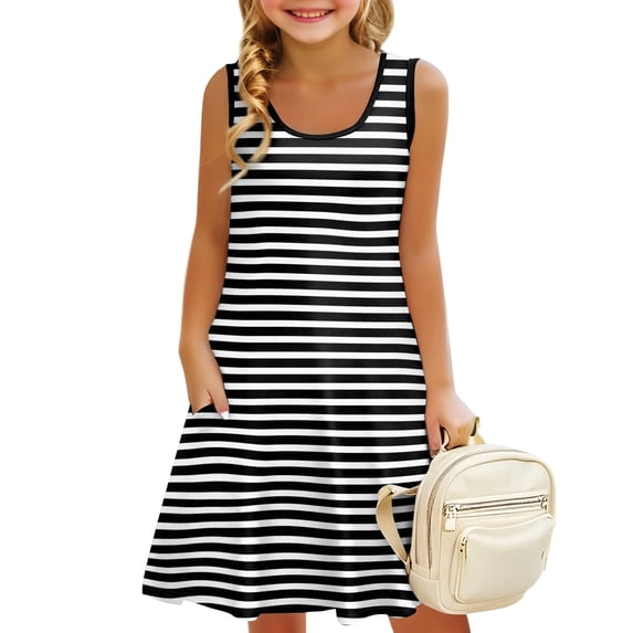 Grblisyd Girls Dress Sleeveless U Neck Striped Sundress for Casual Home Party Beach 4-12 Years