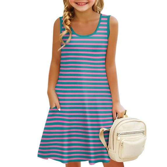Grblisyd Girls Dress Sleeveless U Neck Striped Sundress for Casual Home Party Beach 4-12 Years