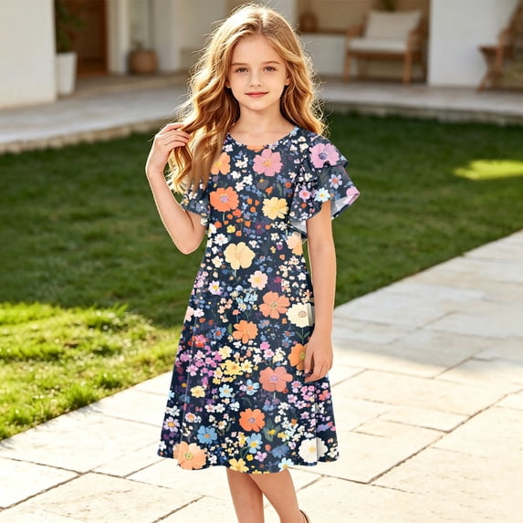 Grblisyd Girls Dresses Size 10-12 Ruffle Short Sleeve Dresses Kids Floral Print Summer Crewneck A Line Casual Sundress
