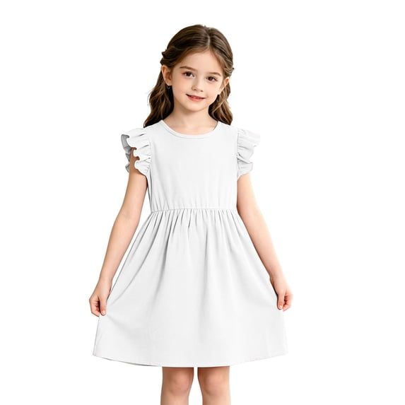 Grblisyd Girls Dresses Size 10-12 Summer Solid Color Cotton Linen Sundress Casual Party Wedding Ruffle Sleeve Crew Neck Knee Length A Line Dress